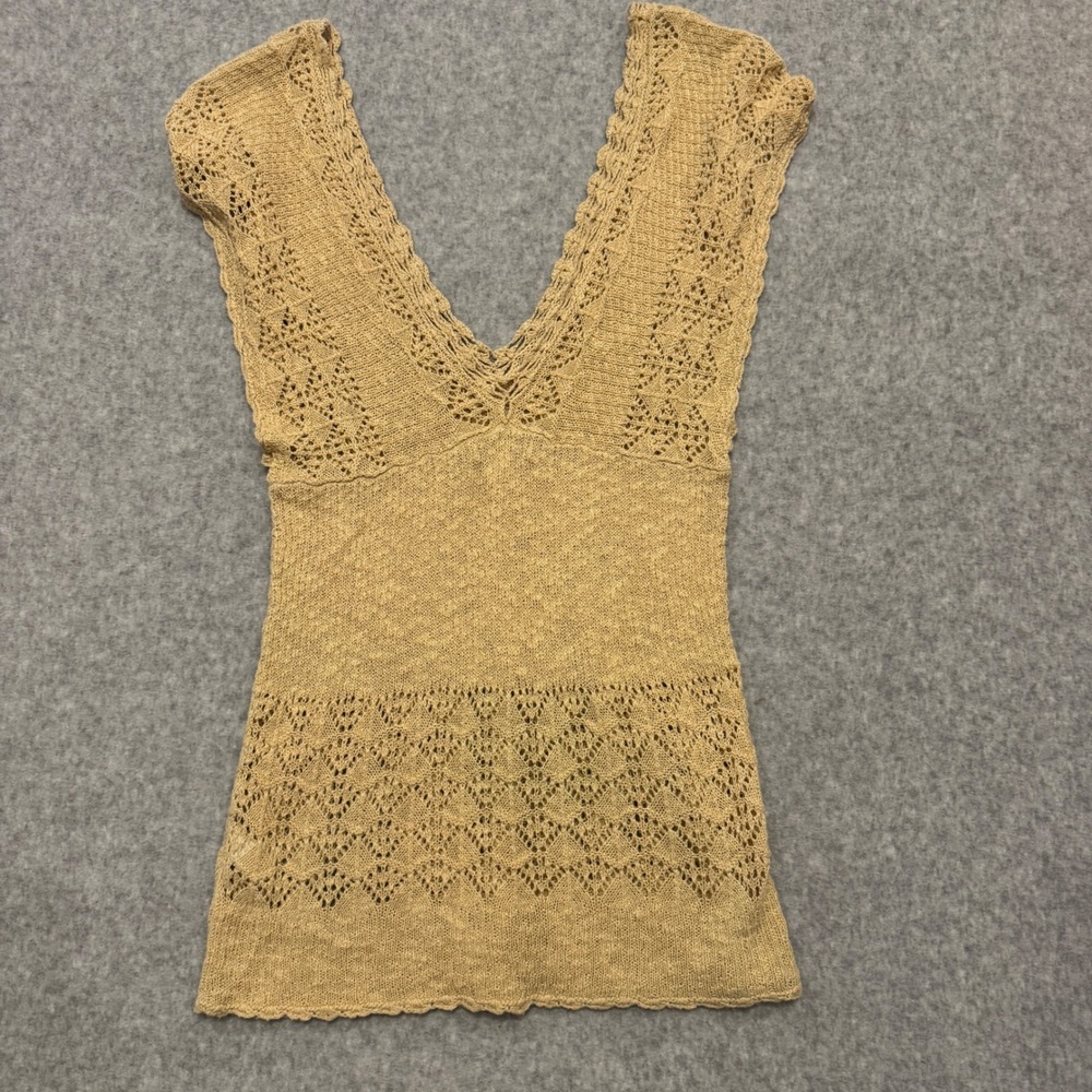 Y2K Banana Republic Tan Linen Cotton Pointelle Knit V-Neck Shell Top Medium - Picture 8 of 10